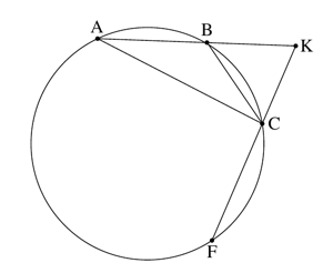 משולש ABC חסום במעגל, K על המשך AB, F על המשך KC – הסרטוט מהשאלון